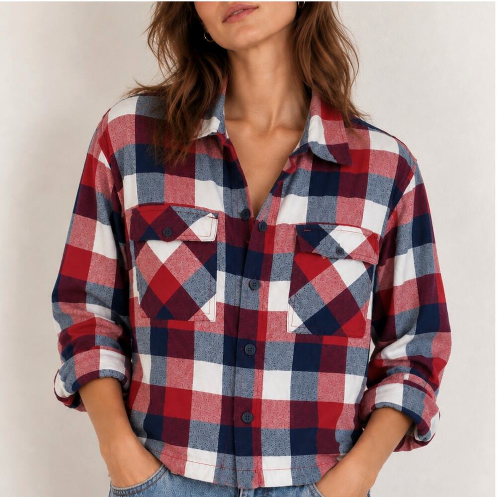 Tommy Jeans Plaid Cropped Shirt Flannel Shacket 100% Cotton USA -Medium